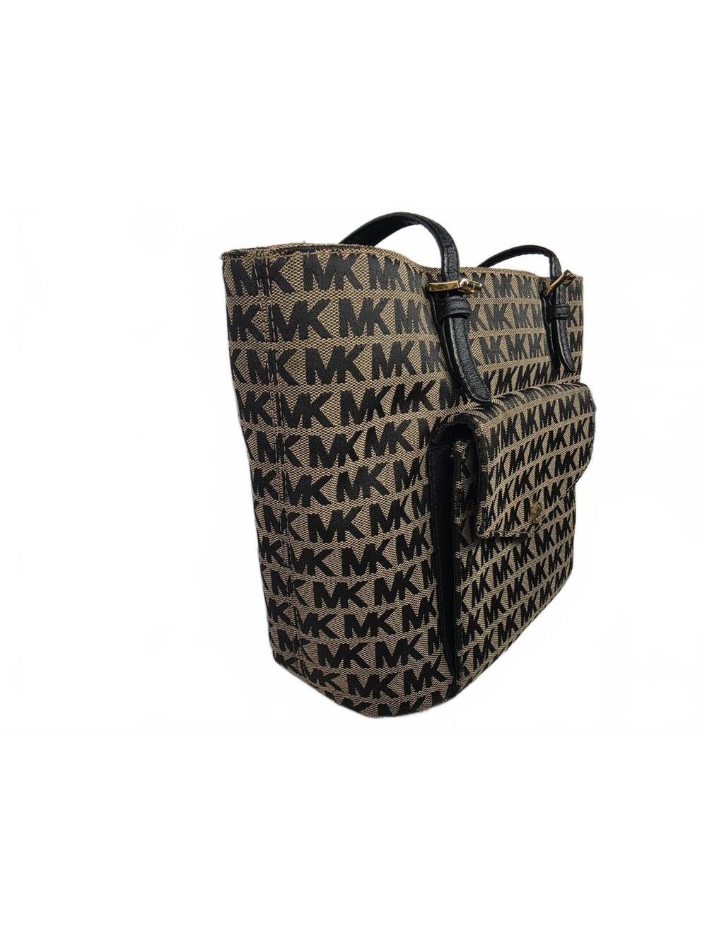 Michael Kors Jet Set Signature Jacquard Medium Pocket Tote Bag Tan Black
